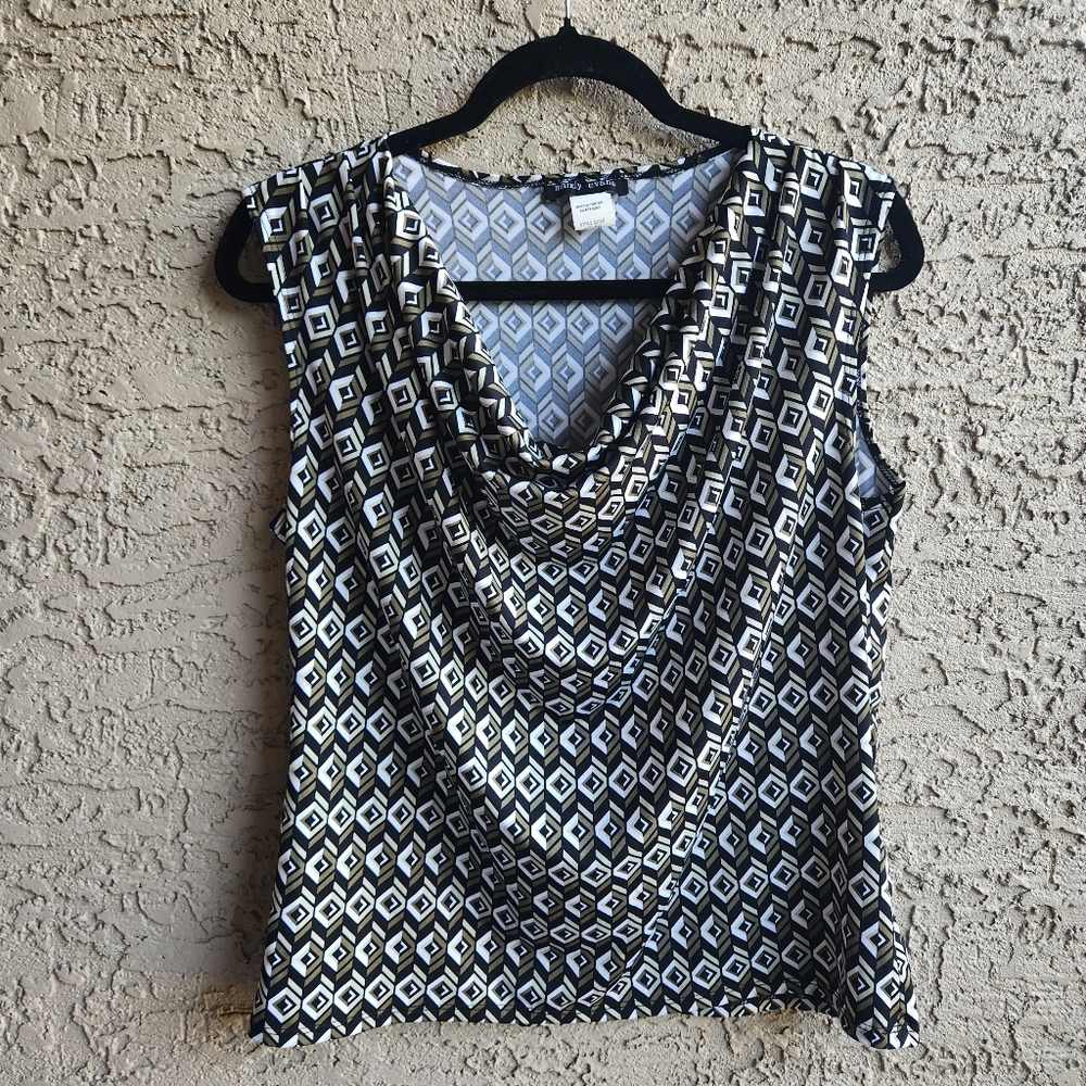Mandy Evans Army Green, Tan, White and Black Geometric Blouse Size Large